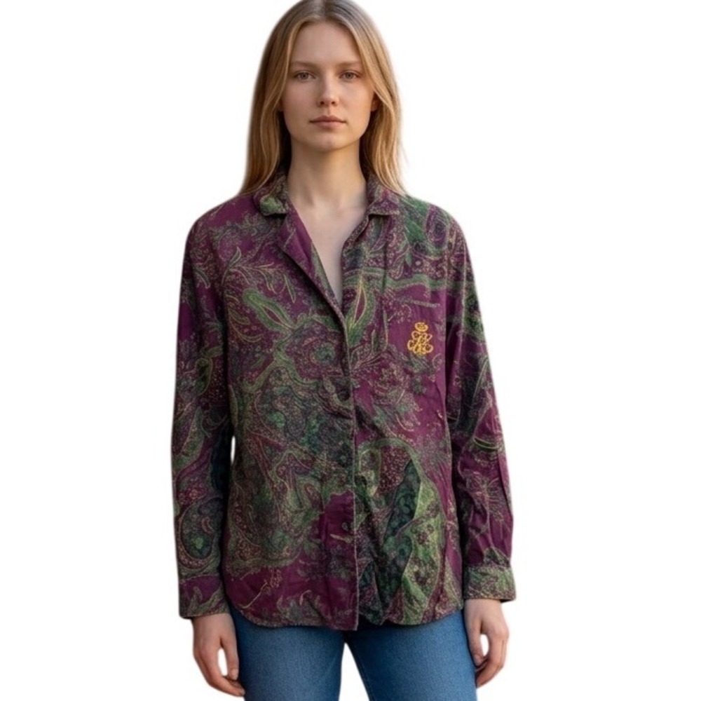 Lauren Ralph Lauren Womens L Purple Green Paisley Button Down LS Shirt Heritage